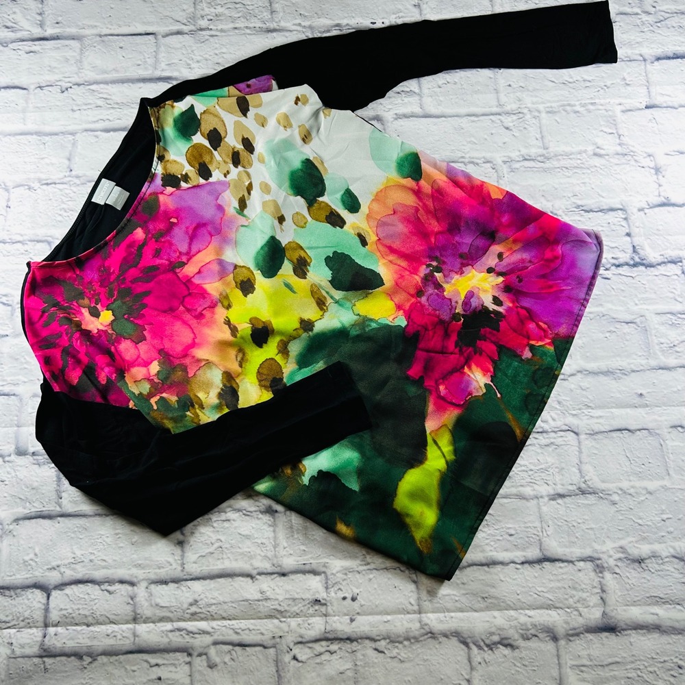 Chico's Floral Watercolor Top in Pink, Green & Black